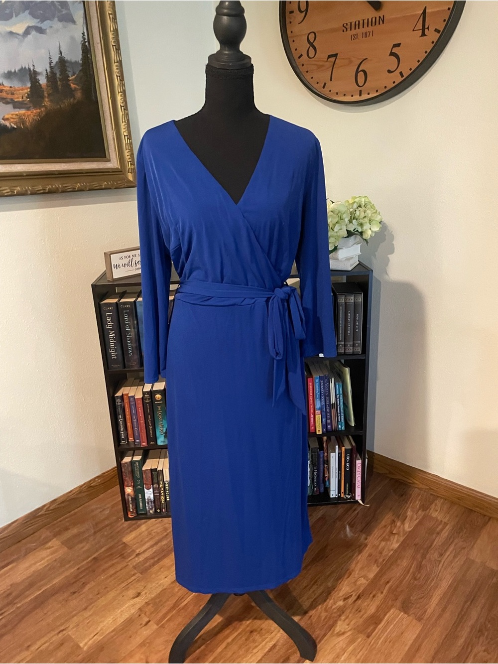 Royal Blue  Long Sleeve Wrap Midi Dress with Tie Waist